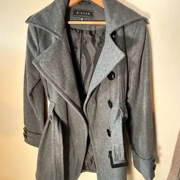 Giacca Wool Blend coat Belted Short Driving  StyleTrench Charcoal Gray size M - Picture 7 of 11